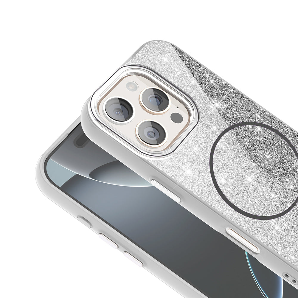 Apple iPhone 16 Pro Kılıf M-safe Şarj Özellikli Parlayan Simli Zore Okso Kapak Pembe