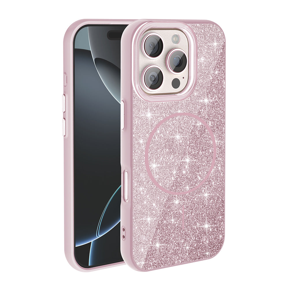 Apple iPhone 16 Pro Kılıf M-safe Şarj Özellikli Parlayan Simli Zore Okso Kapak Pembe