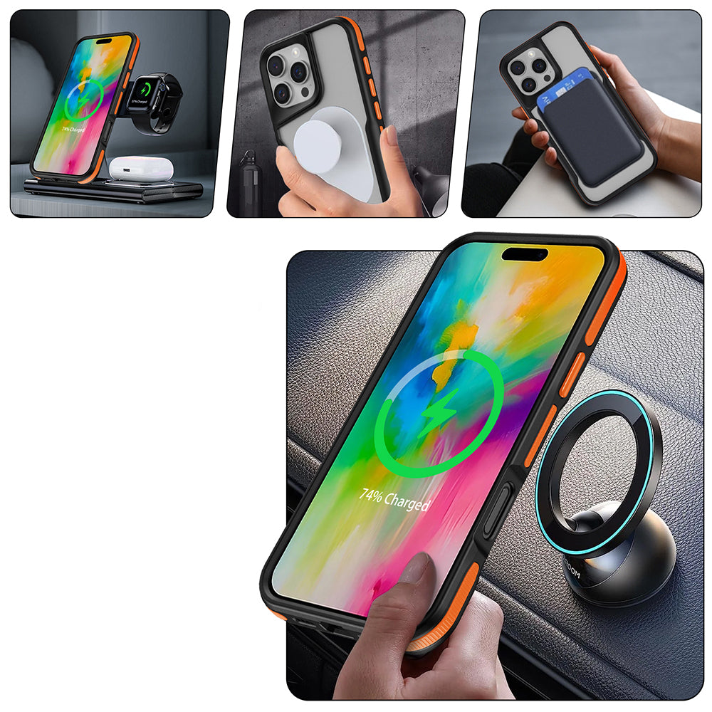Apple iPhone 16 Pro Kılıf M-safe Şarj Özellikli Renkli Kenar Airbag Şeritli Zore Lamer Kapak Turuncu