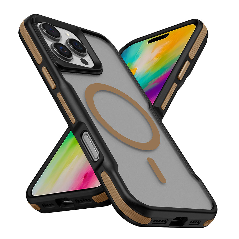 Apple iPhone 16 Pro Kılıf M-safe Şarj Özellikli Renkli Kenar Airbag Şeritli Zore Lamer Kapak Titanyum-Gold