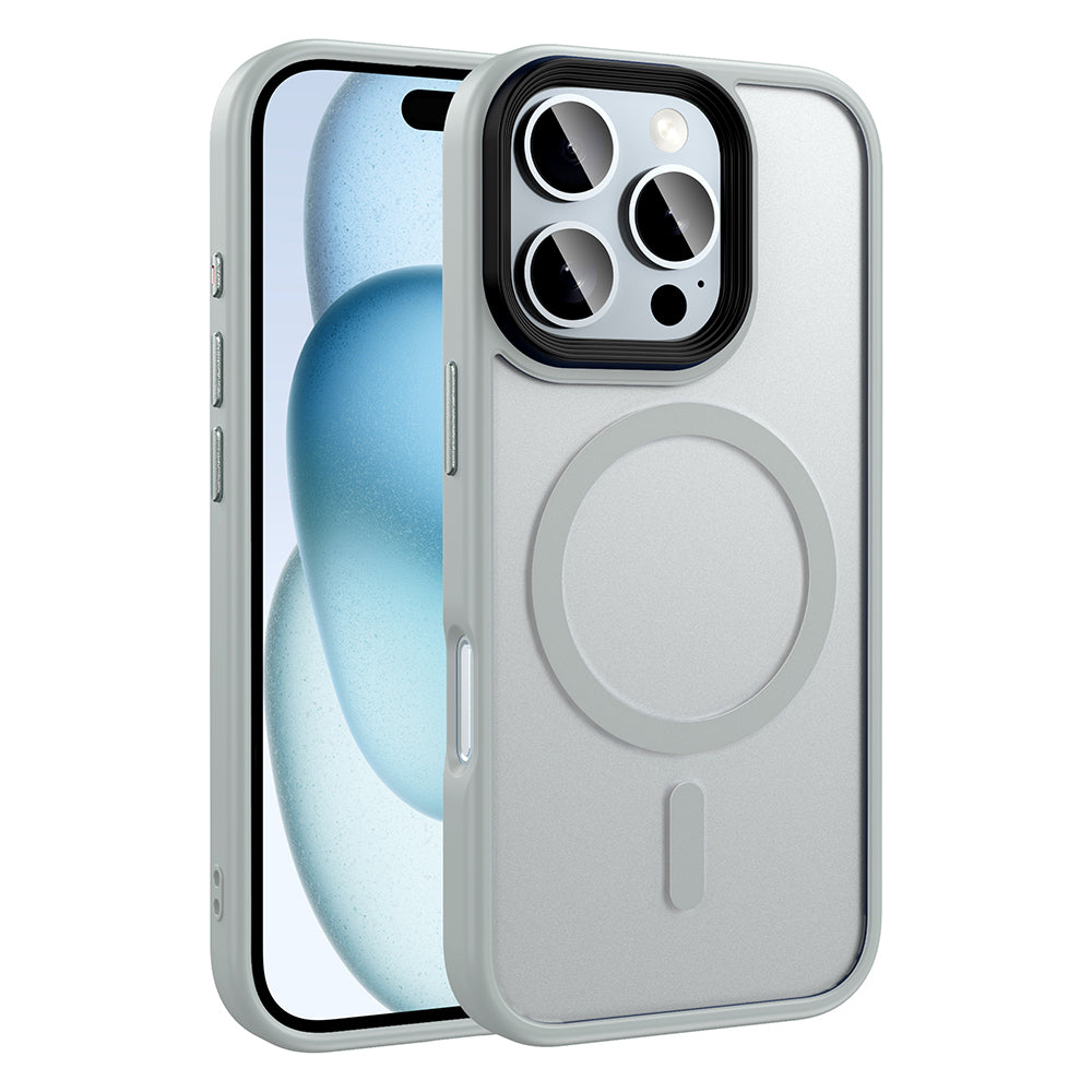 Apple iPhone 16 Pro Kılıf Mat Arka Yüzey Wireless Şarj Özellikli Zore Flet M-safe Kapak Gümüş