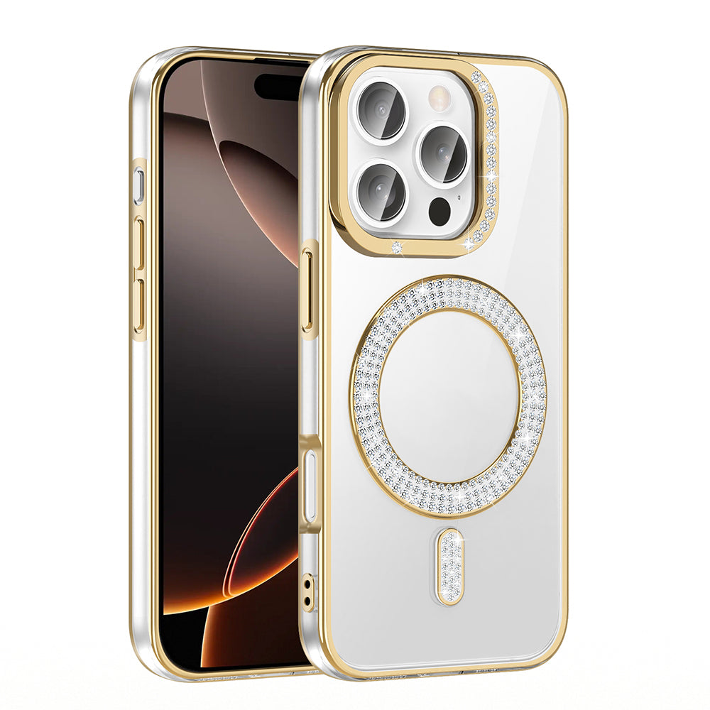 Apple iPhone 16 Pro Kılıf Pırlanta Taş Tasarımlı M-safe Şarj Özellikli Zore Karetta Silikon Kapak Gold