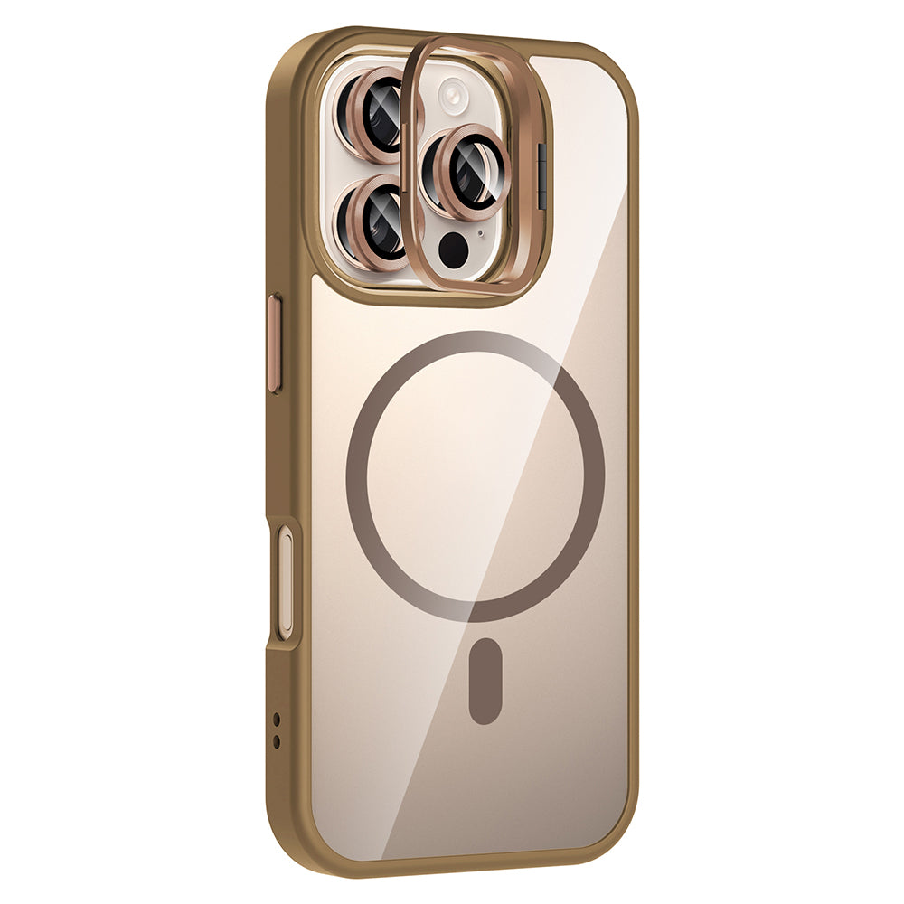 Apple iPhone 16 Pro Kılıf Standlı ve Kamera Lens Hediyeli M-Safe Şarj Özellikli Zore Etro Kapak Desert Titanyum