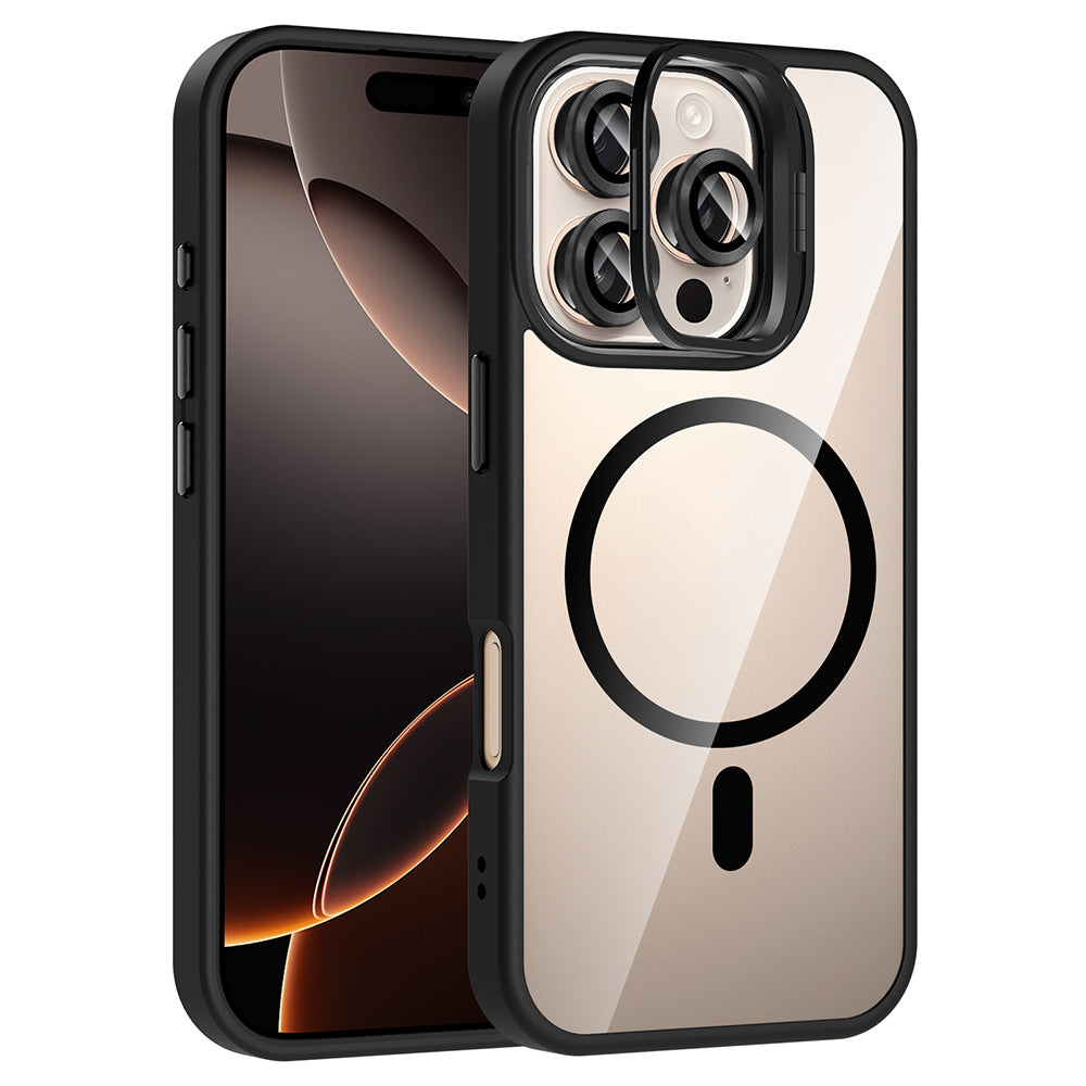 Apple iPhone 16 Pro Kılıf Standlı ve Kamera Lens Hediyeli M-Safe Şarj Özellikli Zore Etro Kapak Siyah