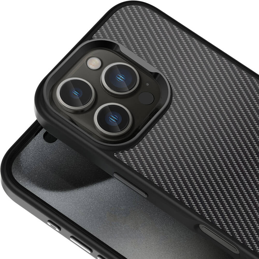 Apple iPhone 16 Pro Max Kılıf Karbon Fiber Görünümlü Parlak Kamera Çerçeveli Zore Venus Kapak Siyah