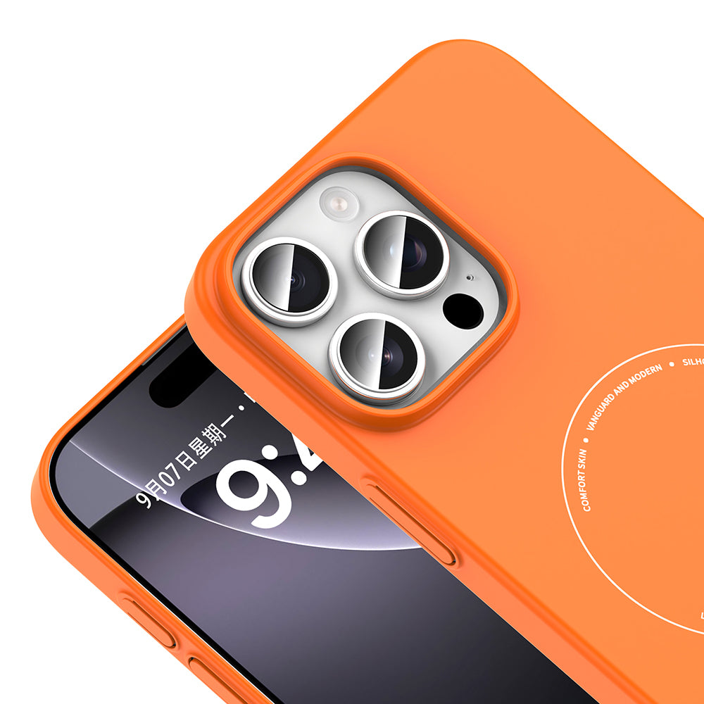 Apple iPhone 16 Pro Max Kılıf M-Safe Şarj Özellikli Kamera Korumalı Zore Elio Sert PC Kapak Turuncu