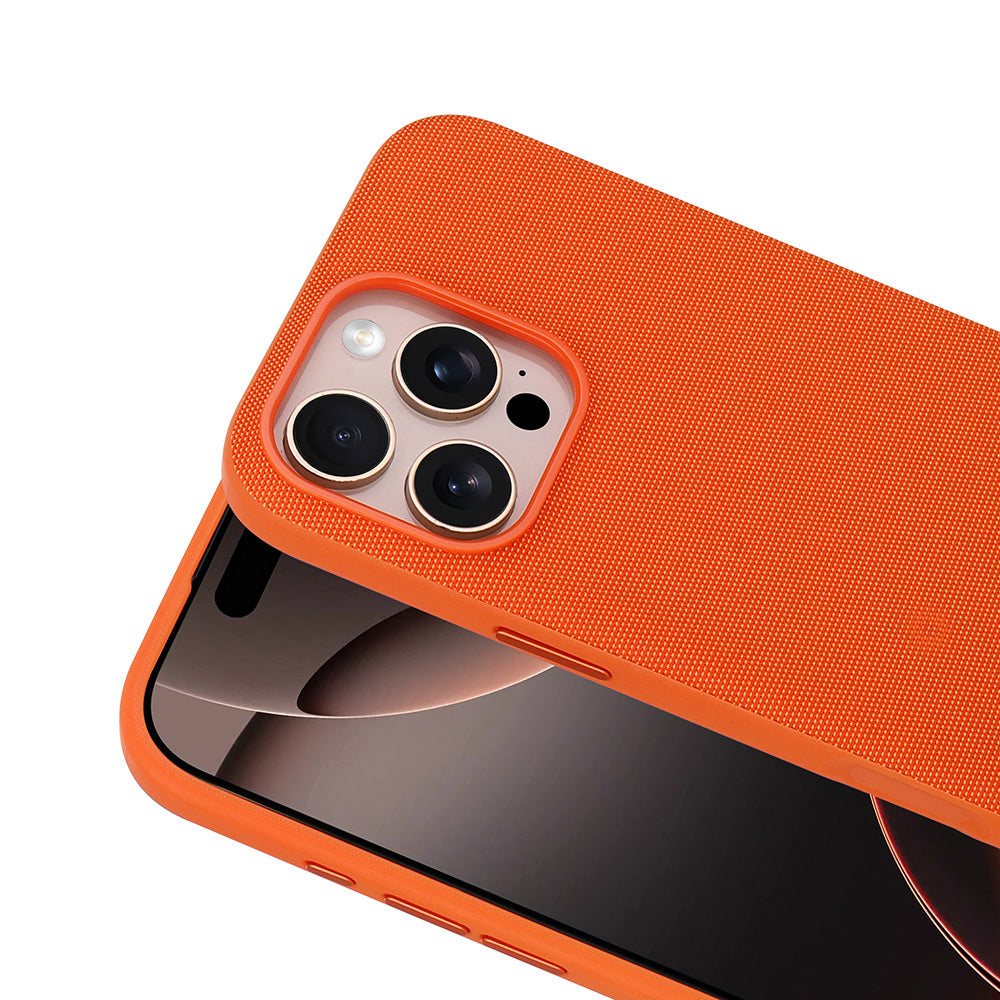 Apple iPhone 16 Pro Max Kılıf M-Safe Şarj Özellikli Kumaş Tasarımlı Zore Miami Sert PC Kapak Turuncu