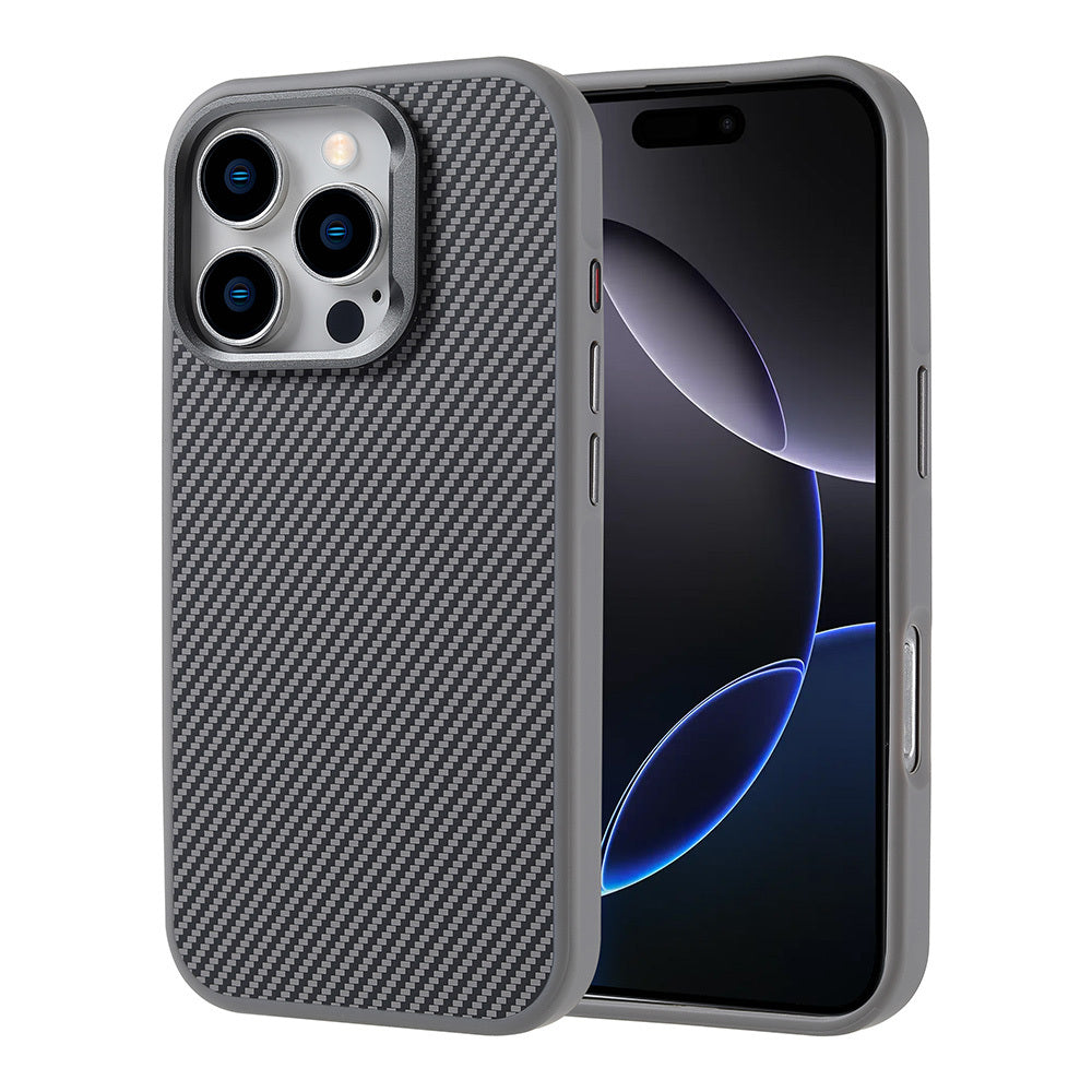 Apple iPhone 16 Pro Max Kılıf M-safe Şarj Özellikli Karbon Fiber Görünümlü Zore Troy Kapak Gümüş