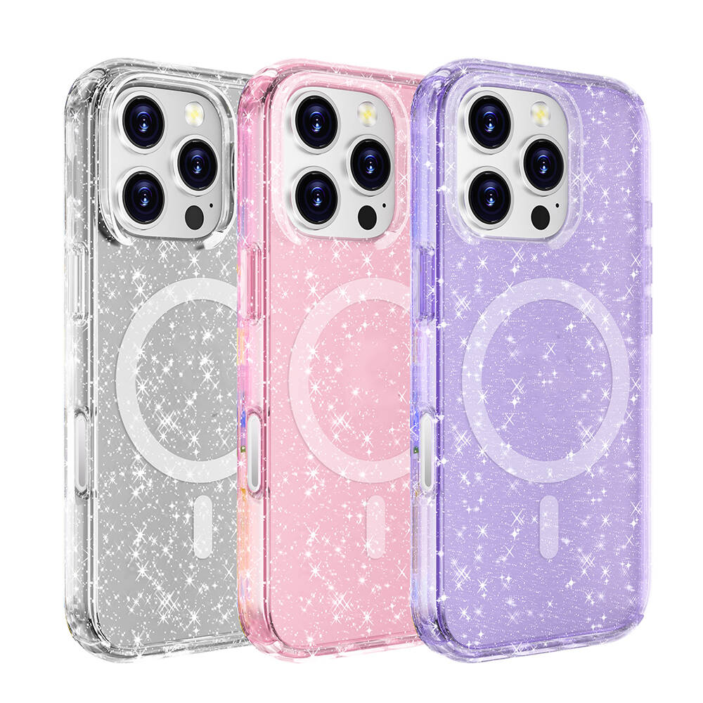 Apple iPhone 16 Pro Max Kılıf M-safe Şarj Özellikli Parlayan Simli Saydam Renkli Zore Allstar Kapak Pembe