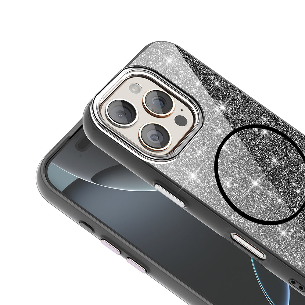 Apple iPhone 16 Pro Max Kılıf M-safe Şarj Özellikli Parlayan Simli Zore Okso Kapak Beyaz