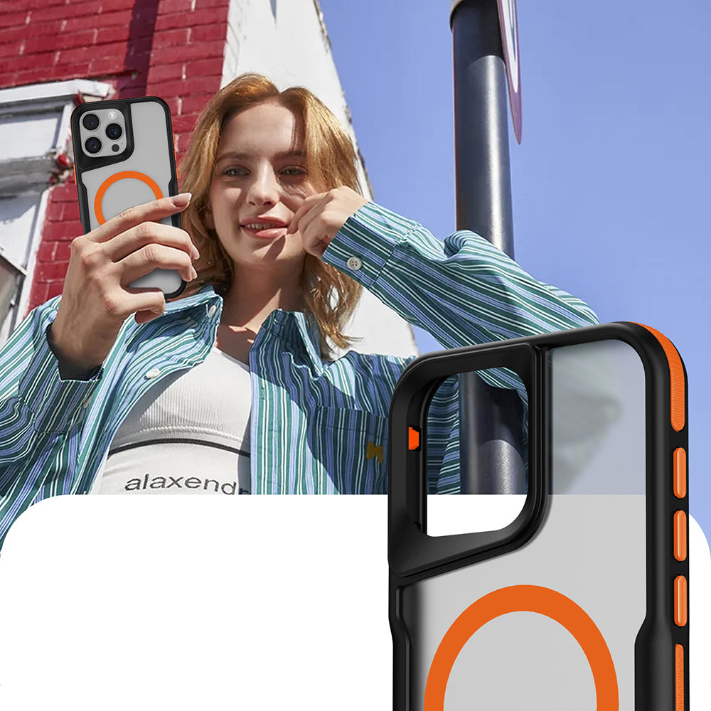 Apple iPhone 16 Pro Max Kılıf M-safe Şarj Özellikli Renkli Kenar Airbag Şeritli Zore Lamer Kapak Turuncu