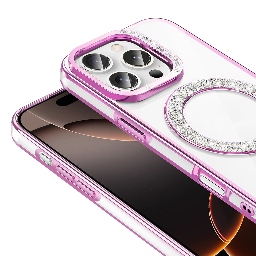 Apple iPhone 16 Pro Max Kılıf Pırlanta Taş Tasarımlı M-safe Şarj Özellikli Zore Karetta Silikon Kapak Mavi