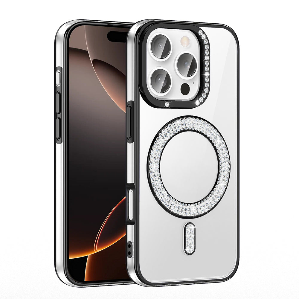 Apple iPhone 16 Pro Max Kılıf Pırlanta Taş Tasarımlı M-safe Şarj Özellikli Zore Karetta Silikon Kapak Mavi