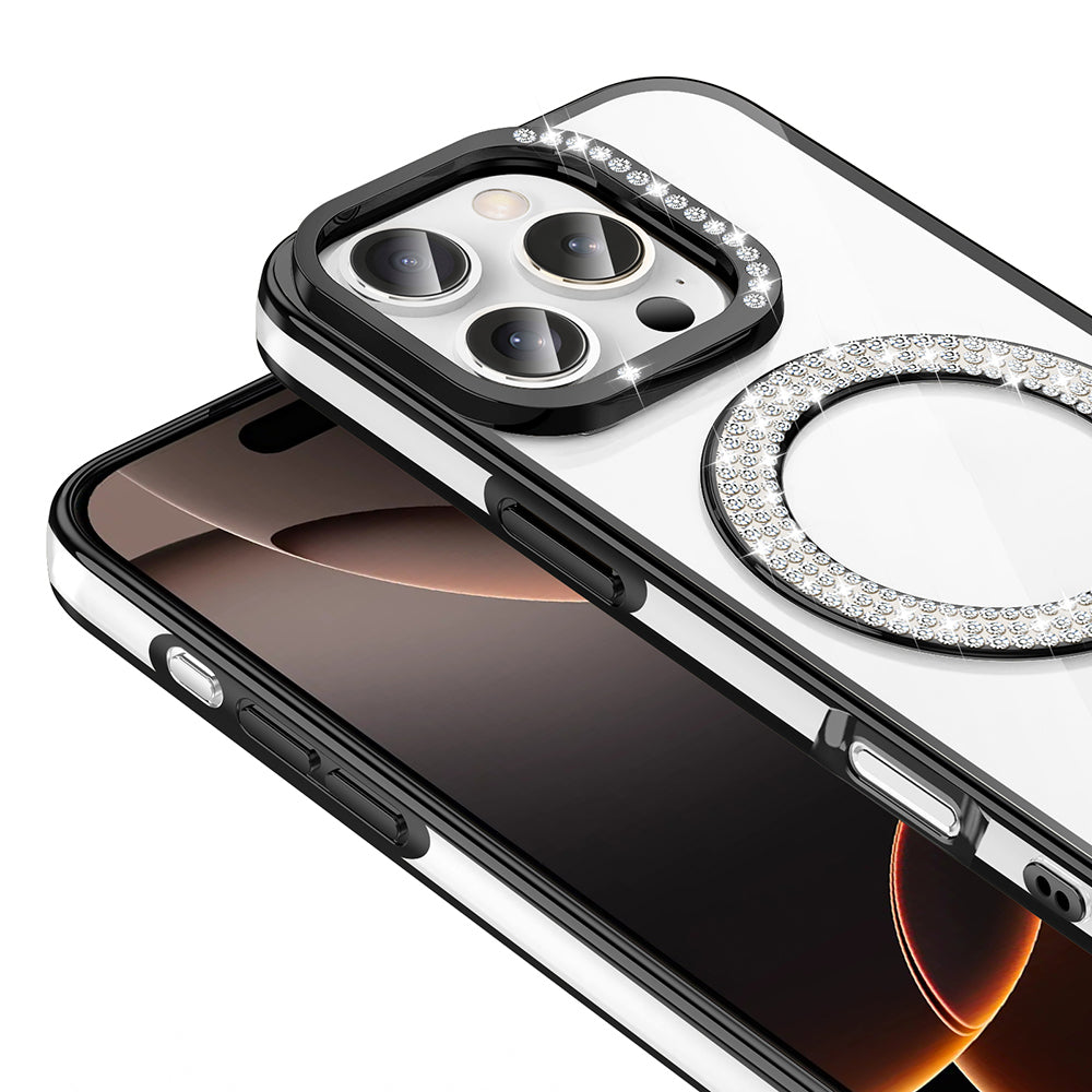 Apple iPhone 16 Pro Max Kılıf Pırlanta Taş Tasarımlı M-safe Şarj Özellikli Zore Karetta Silikon Kapak Mor