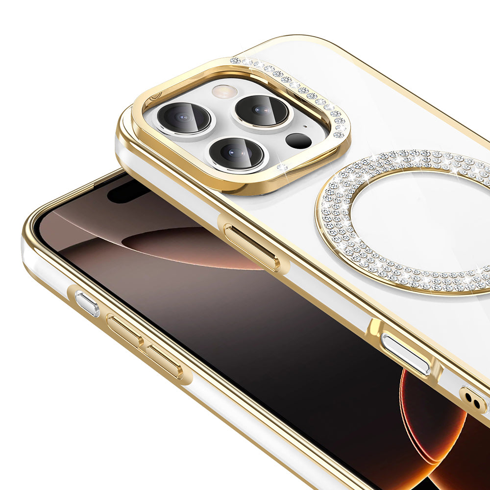 Apple iPhone 16 Pro Max Kılıf Pırlanta Taş Tasarımlı M-safe Şarj Özellikli Zore Karetta Silikon Kapak Mor