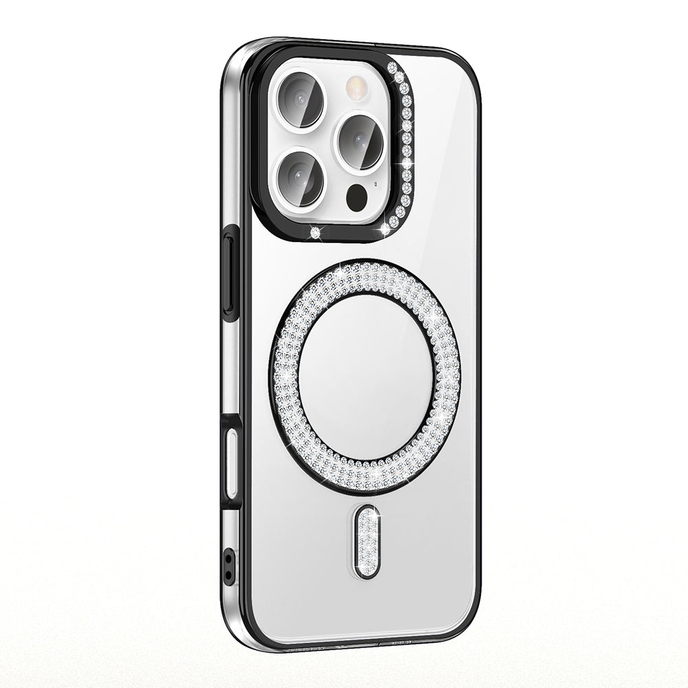 Apple iPhone 16 Pro Max Kılıf Pırlanta Taş Tasarımlı M-safe Şarj Özellikli Zore Karetta Silikon Kapak Siyah