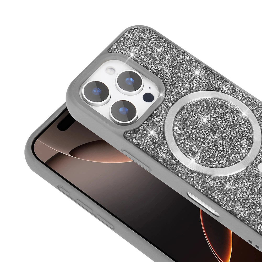 Apple iPhone 16 Pro Max Kılıf Pırlanta Tasarımlı M-safe Şarj Özellikli Zore Mozaik Silikon Kapak Desert Titanyum