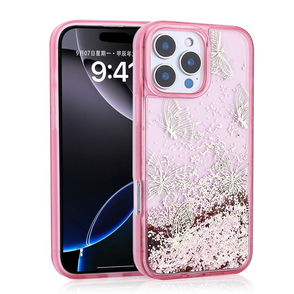 Apple iPhone 16 Pro Max Kılıf Sıvılı Simli Kelebek Baskılı Şeffaf Arka Yüzey Zore Glis Silikon Kapak Pembe