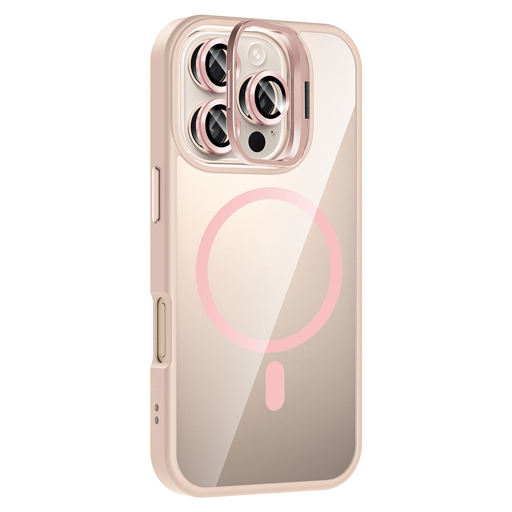 Apple iPhone 16 Pro Max Kılıf Standlı ve Kamera Lens Hediyeli M-Safe Şarj Özellikli Zore Etro Kapak Pembe