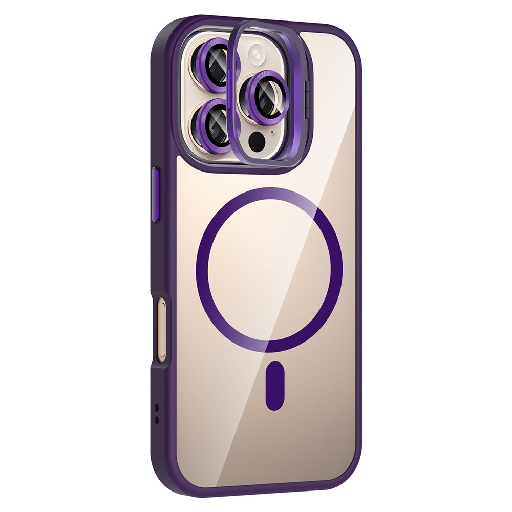 Apple iPhone 16 Pro Max Kılıf Standlı ve Kamera Lens Hediyeli M-Safe Şarj Özellikli Zore Etro Kapak Pembe