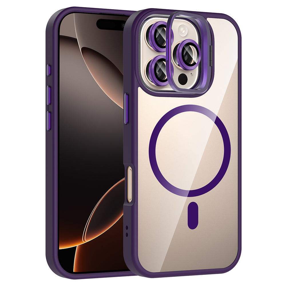 Apple iPhone 16 Pro Max Kılıf Standlı ve Kamera Lens Hediyeli M-Safe Şarj Özellikli Zore Etro Kapak Derin Mor