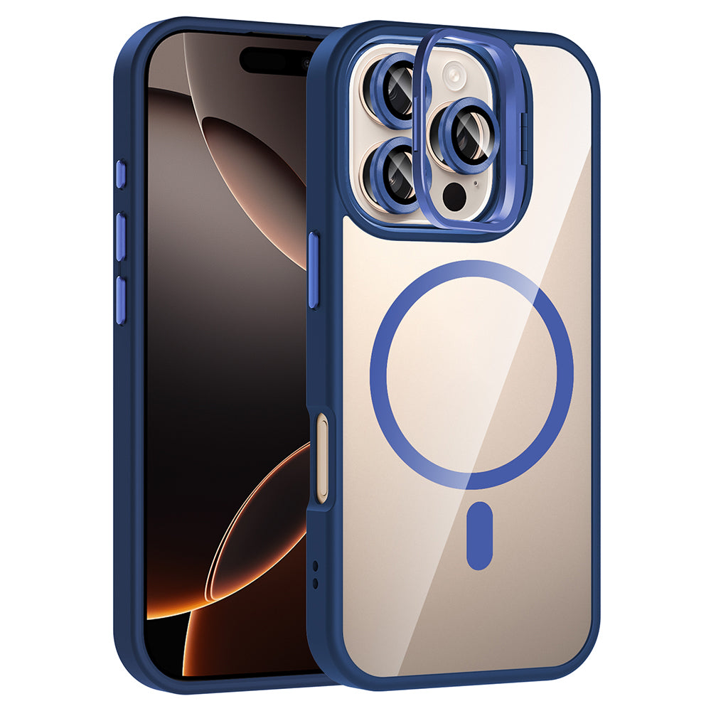 Apple iPhone 16 Pro Max Kılıf Standlı ve Kamera Lens Hediyeli M-Safe Şarj Özellikli Zore Etro Kapak Lacivert