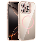 Apple iPhone 16 Pro Max Kılıf Standlı ve Kamera Lens Hediyeli M-Safe Şarj Özellikli Zore Etro Kapak Pembe