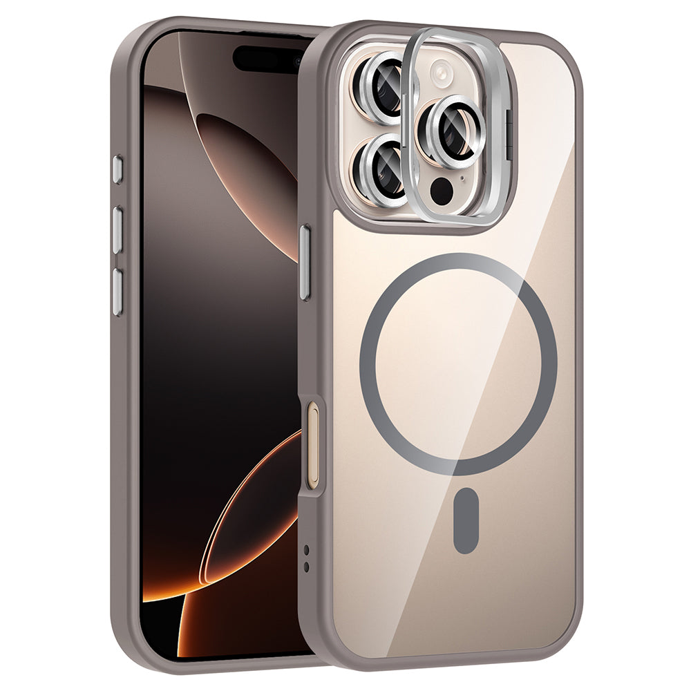 Apple iPhone 16 Pro Max Kılıf Standlı ve Kamera Lens Hediyeli M-Safe Şarj Özellikli Zore Etro Kapak Gri