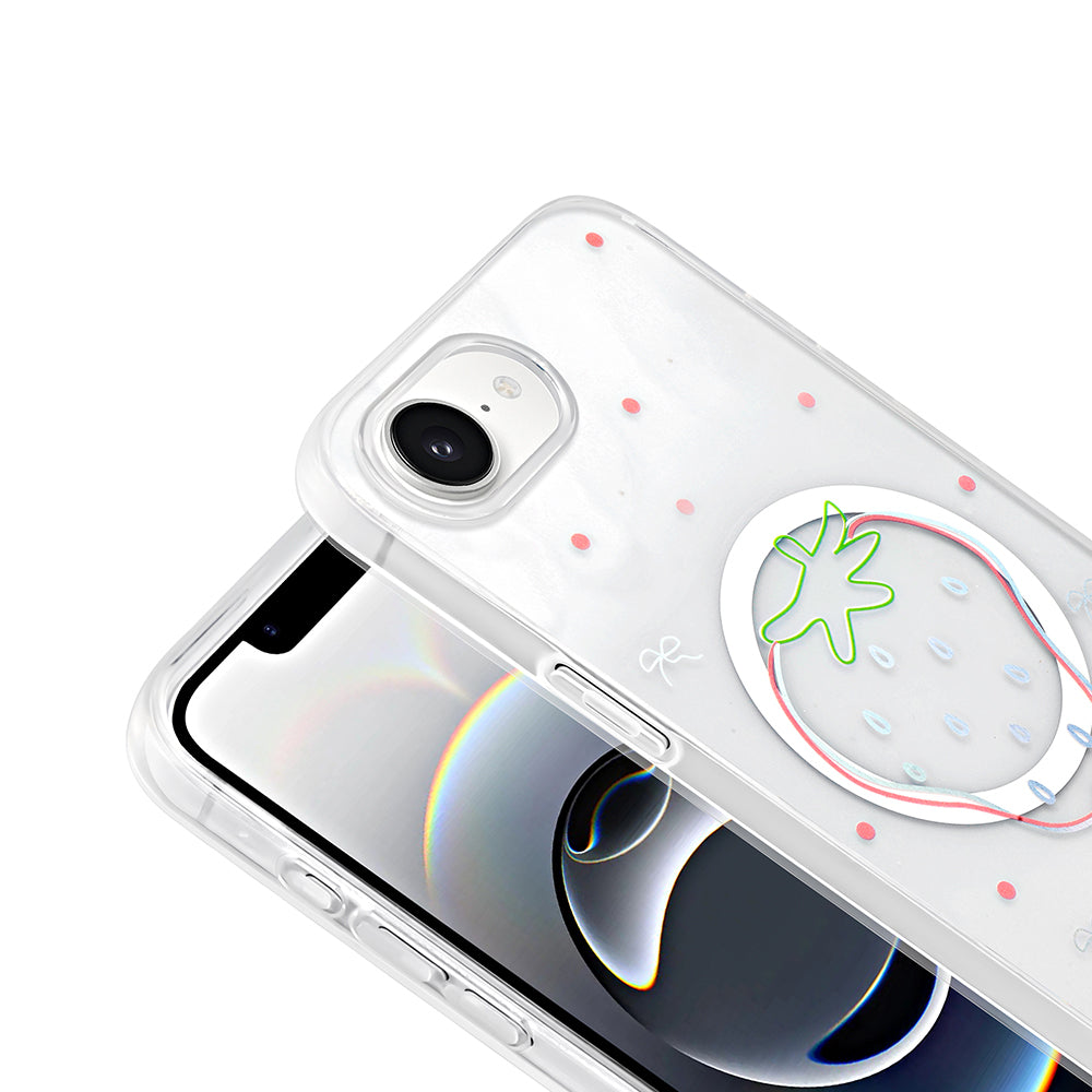 Apple iPhone 16E Kılıf M-Safe Şarj Özellikli Şeffaf Zore Folk Sert Kapak Çilek