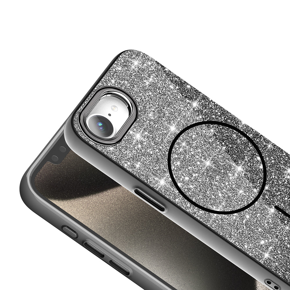 Apple iPhone 16E Kılıf M-safe Şarj Özellikli Parlayan Simli Zore Okso Kapak Beyaz