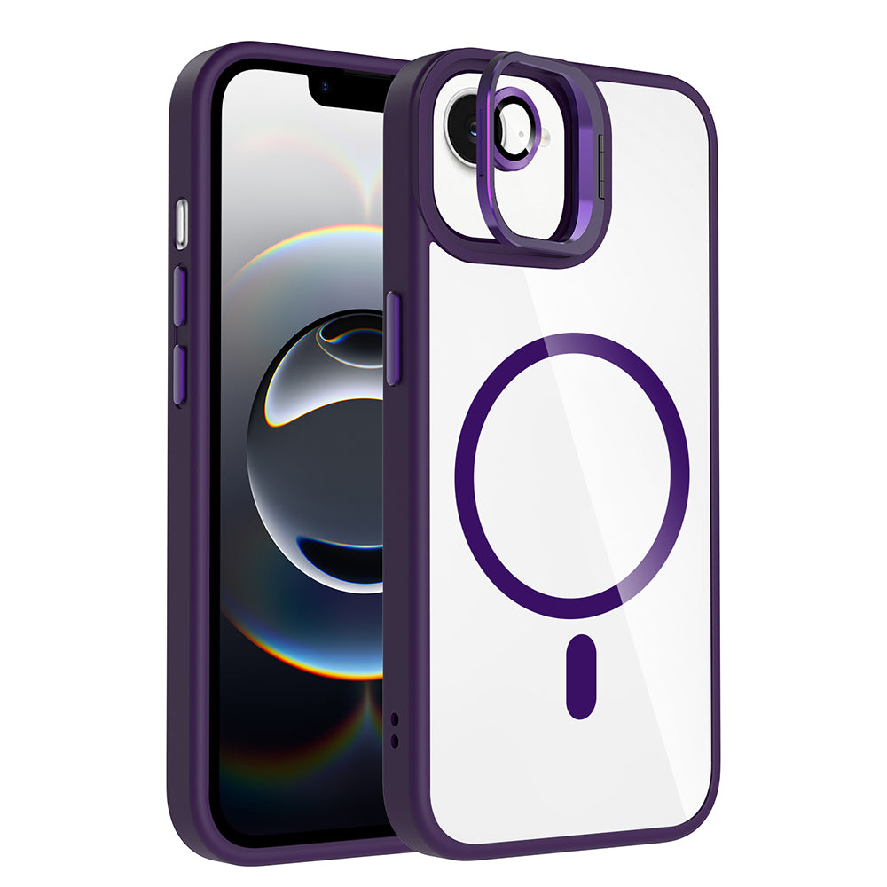 Apple iPhone 16E Kılıf Standlı ve Kamera Lens Hediyeli M-Safe Şarj Özellikli Zore Etro Kapak Derin Mor