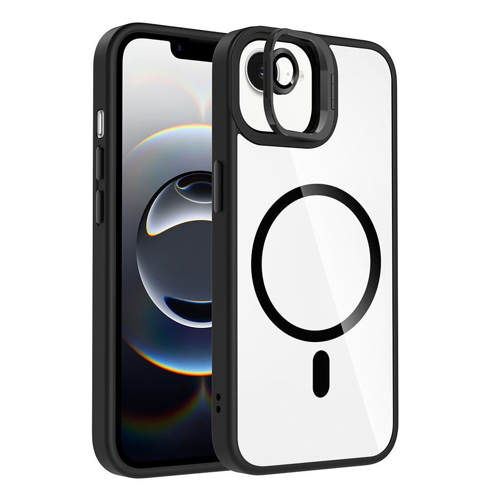 Apple iPhone 16E Kılıf Standlı ve Kamera Lens Hediyeli M-Safe Şarj Özellikli Zore Etro Kapak Siyah