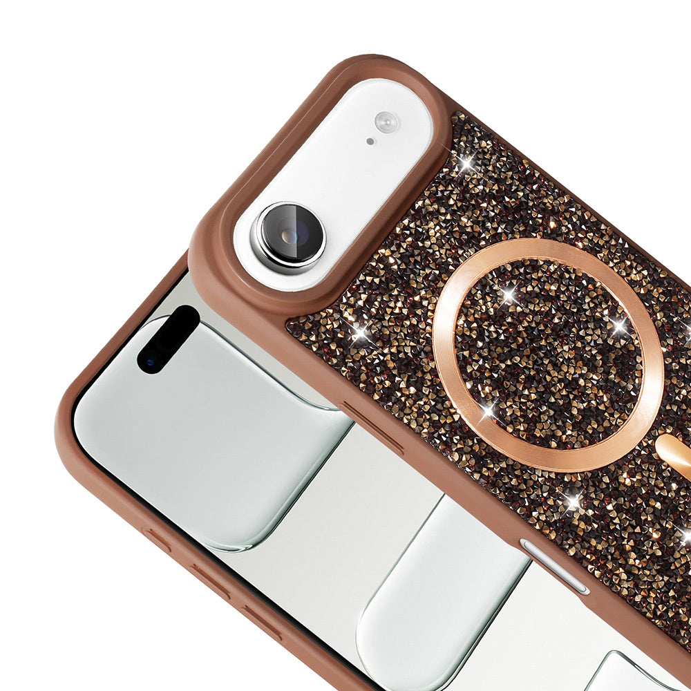 Apple iPhone 17 Air Kılıf Pırlanta Tasarımlı M-safe Şarj Özellikli Zore Mozaik Silikon Kapak Desert Titanyum