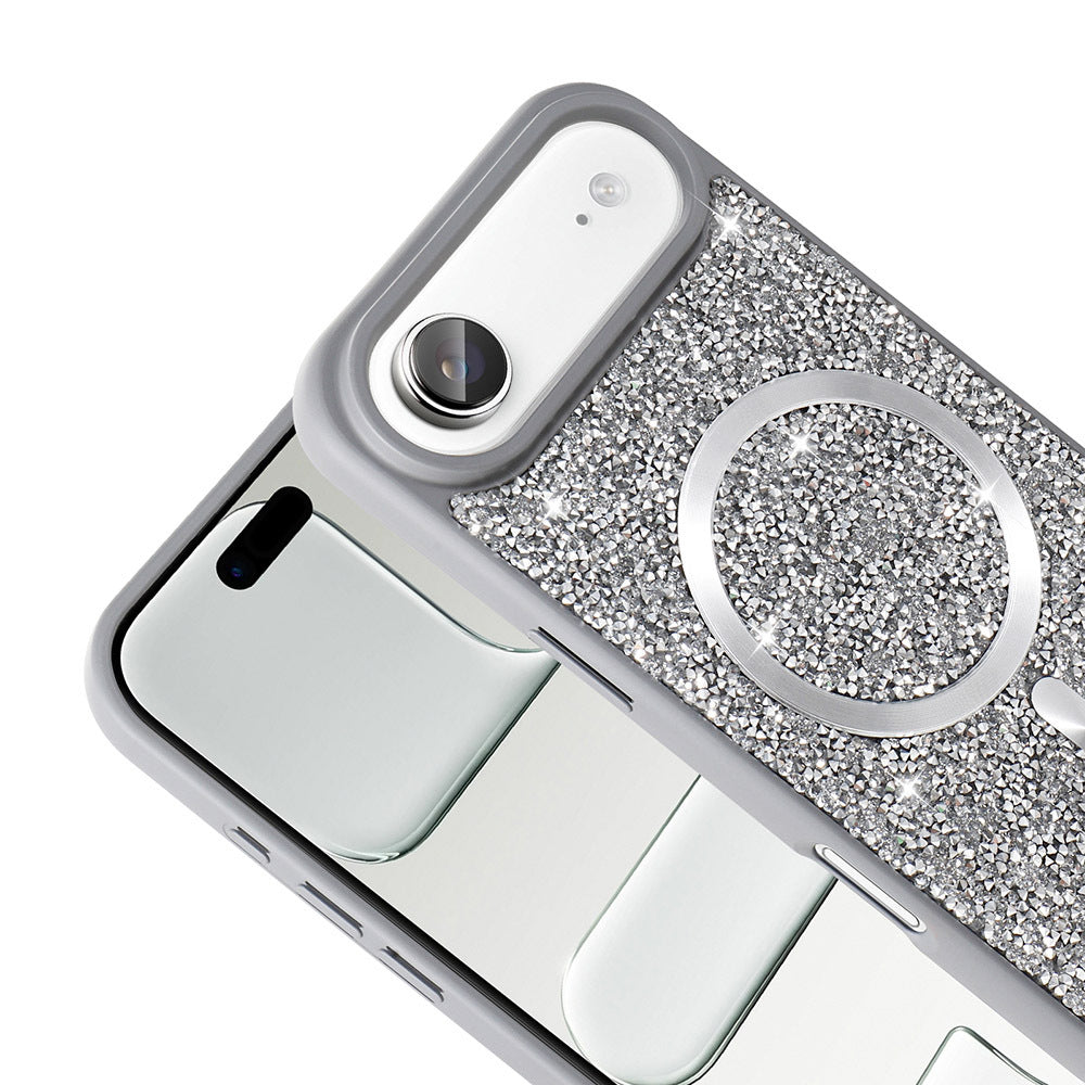 Apple iPhone 17 Air Kılıf Pırlanta Tasarımlı M-safe Şarj Özellikli Zore Mozaik Silikon Kapak Titanyum-Gri