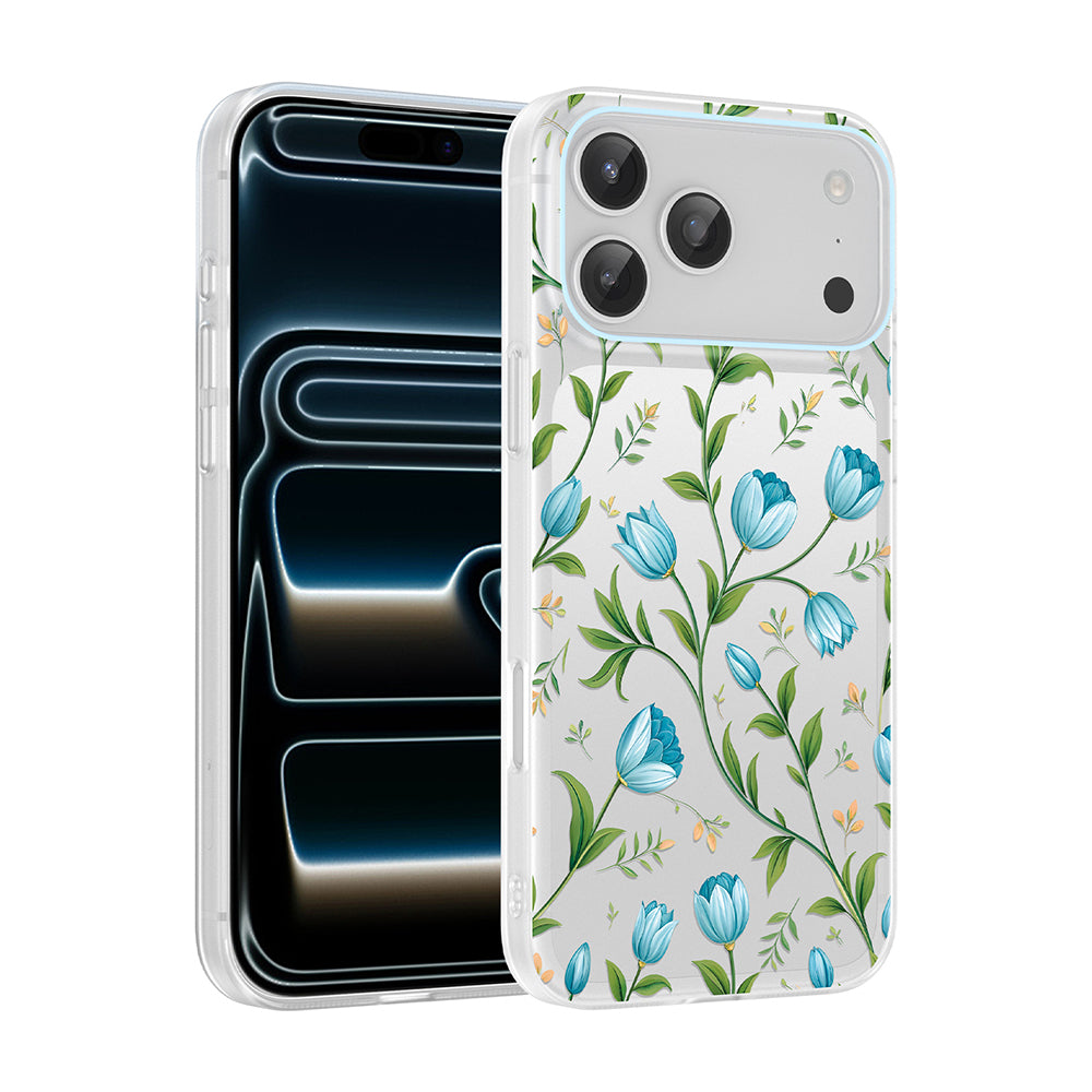 Apple iPhone 17 Pro Kılıf Kamera Korumalı Desenli Zore Klip Kapak Mavi Lale