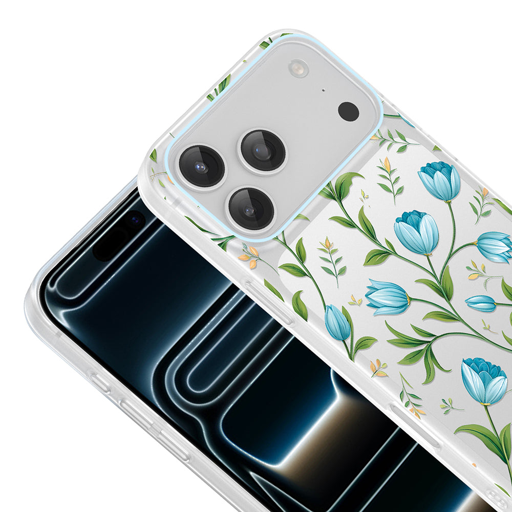 Apple iPhone 17 Pro Kılıf Kamera Korumalı Desenli Zore Klip Kapak Mavi Lale