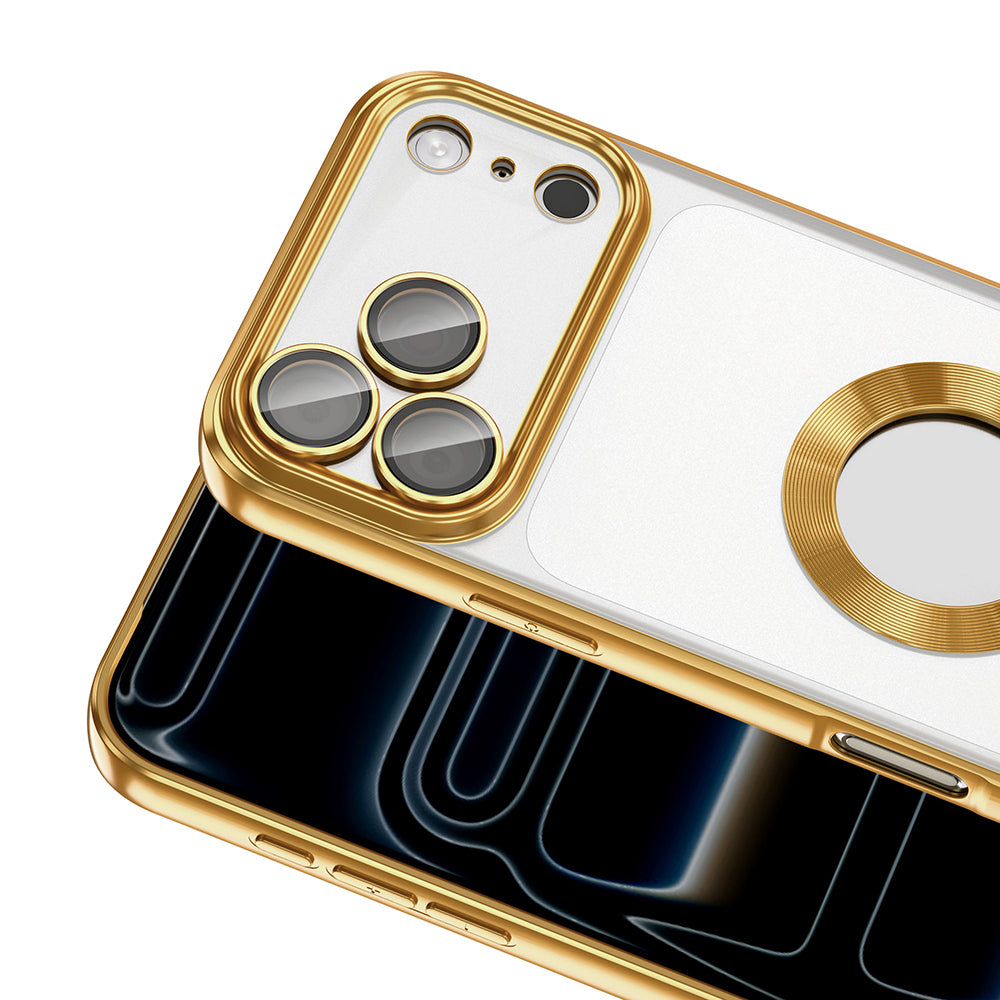 Apple iPhone 17 Pro Kılıf Kamera Korumalı Logo Gösteren Zore Omega Kapak Gold