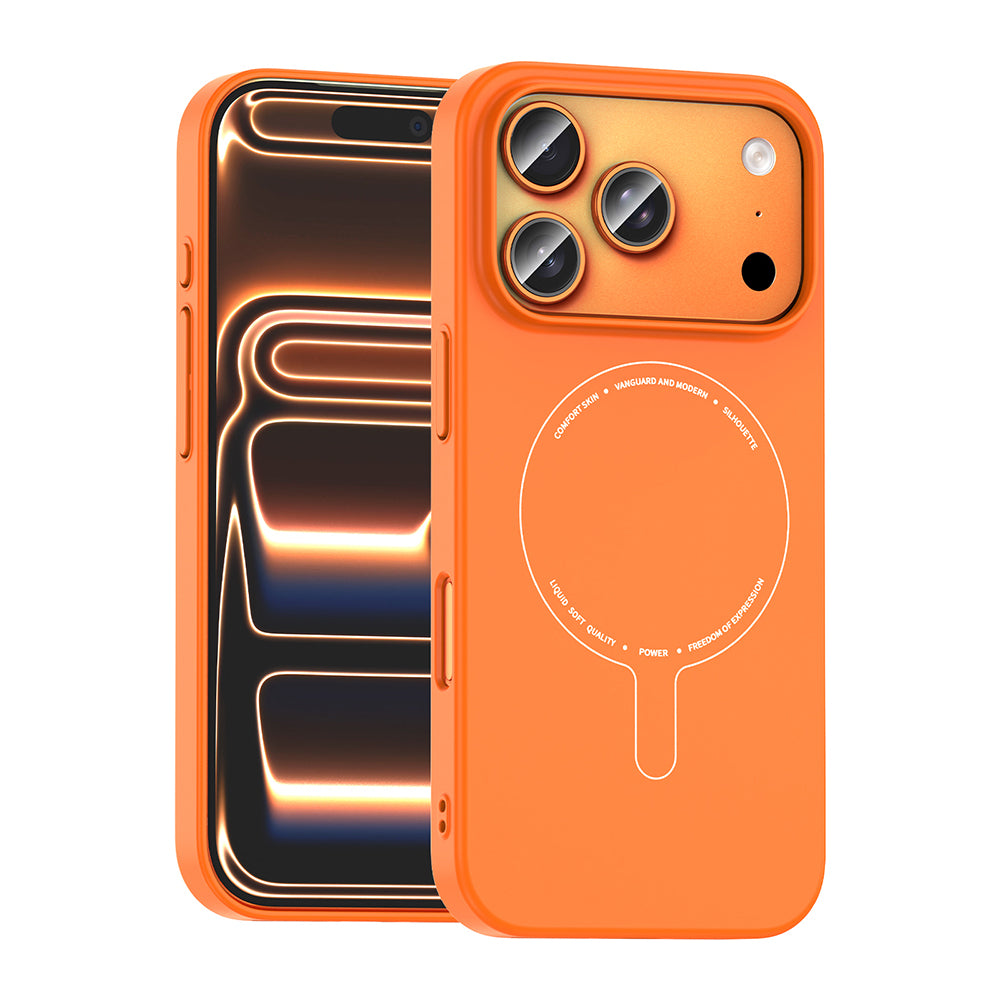 Apple iPhone 17 Pro Kılıf M-Safe Şarj Özellikli Kamera Korumalı Zore Elio Sert PC Kapak Turuncu