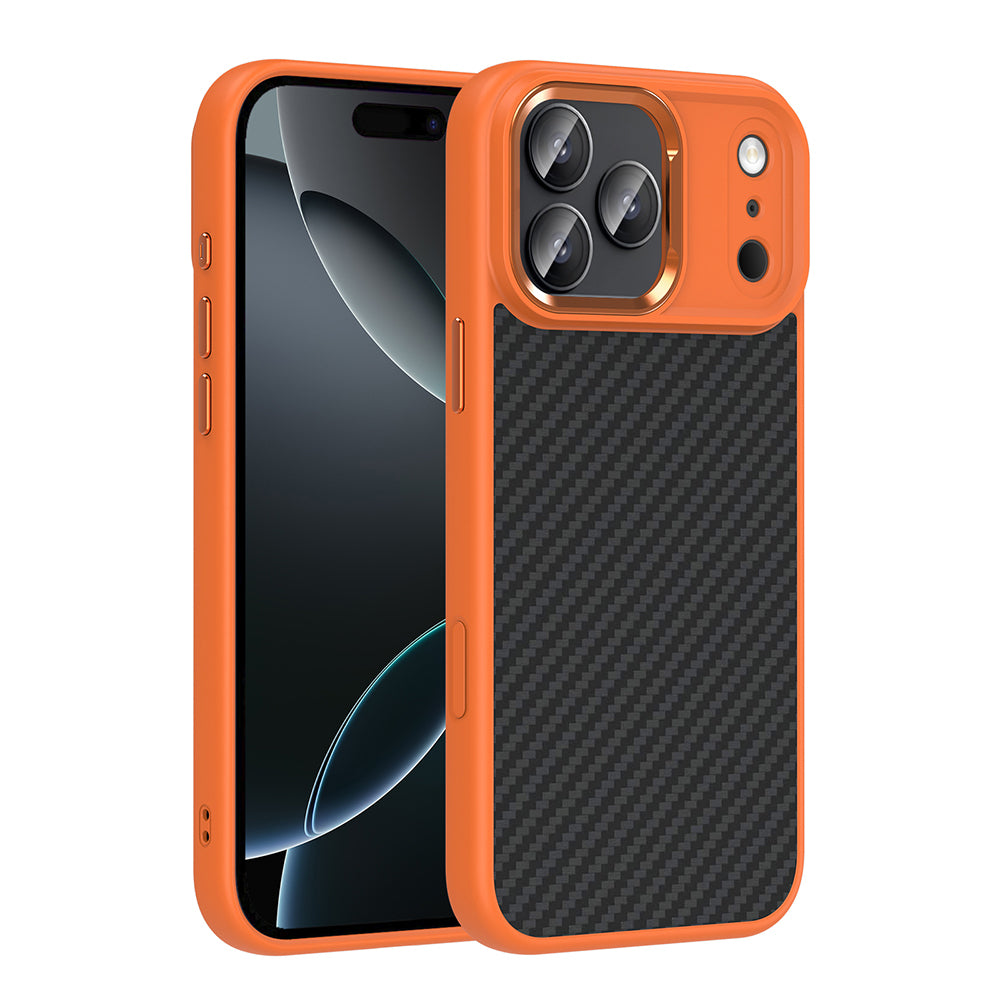 Apple iPhone 17 Pro Kılıf M-Safe Şarj Özellikli Karbon Fiber Görünümlü Zore Truva Silikon Kapak Turuncu