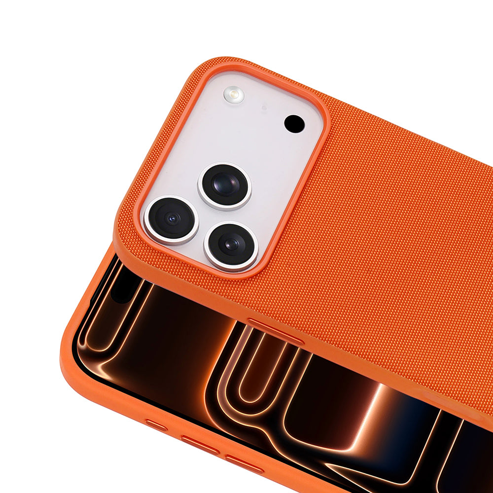 Apple iPhone 17 Pro Kılıf M-Safe Şarj Özellikli Kumaş Tasarımlı Zore Miami Sert PC Kapak Turuncu