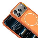 Apple iPhone 17 Pro Kılıf M-Safe Şarj Özellikli Metal Kamera Çerçeveli Zore Sanremo Silikon Kapak Turuncu