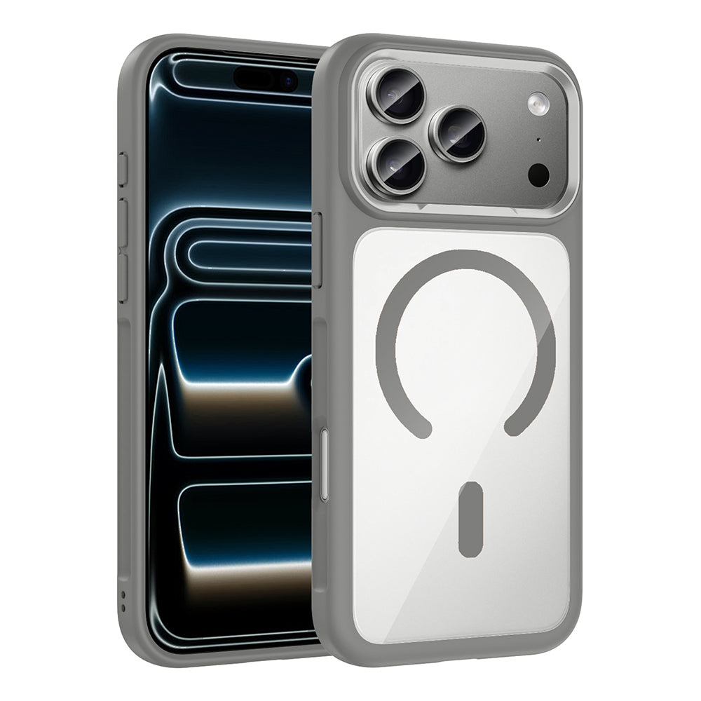 Apple iPhone 17 Pro Kılıf M-Safe Şarj Özellikli Metal Kamera Çerçeveli Zore Tiko Kapak Gri