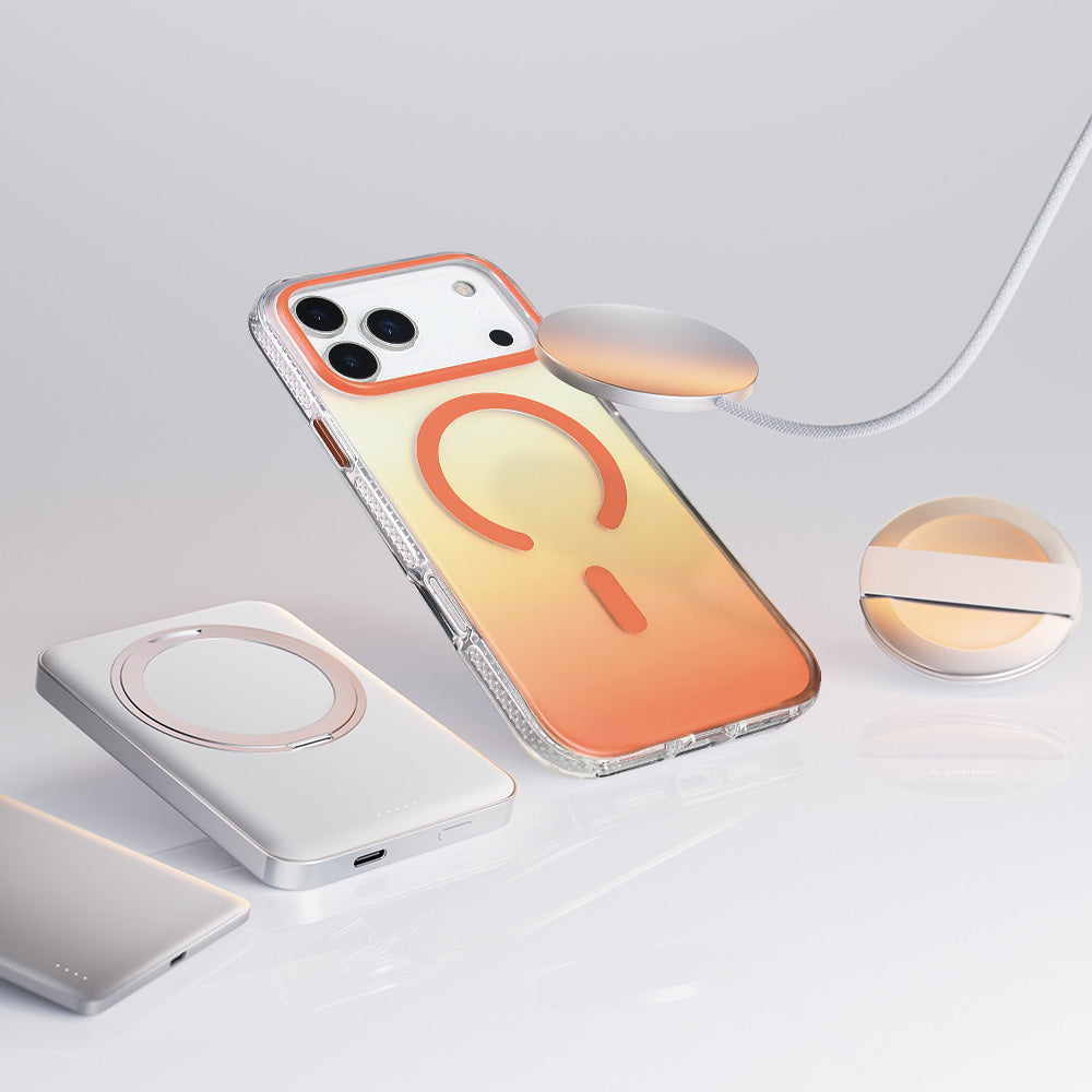 Apple iPhone 17 Pro Kılıf M-safe Şarj Özellikli Transparan Renk Geçişli Zore Toros Kapak Turuncu