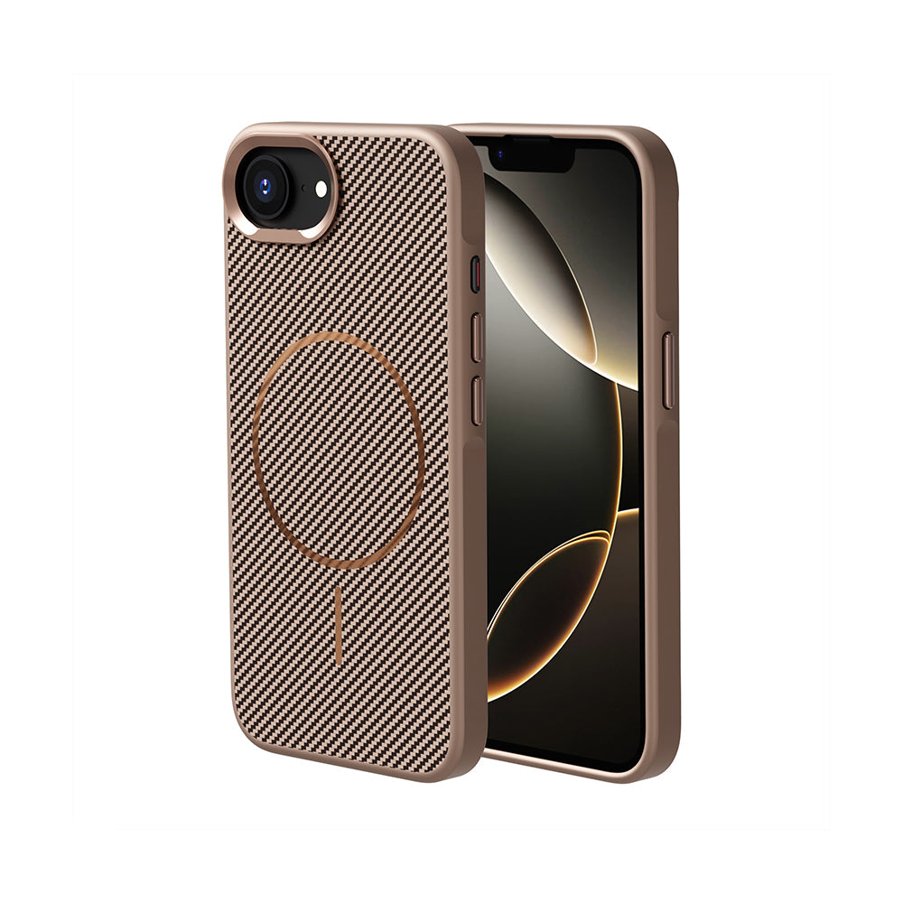 Apple iPhone 17E Kılıf M-safe Şarj Özellikli Karbon Fiber Görünümlü Troy Kapak Gold