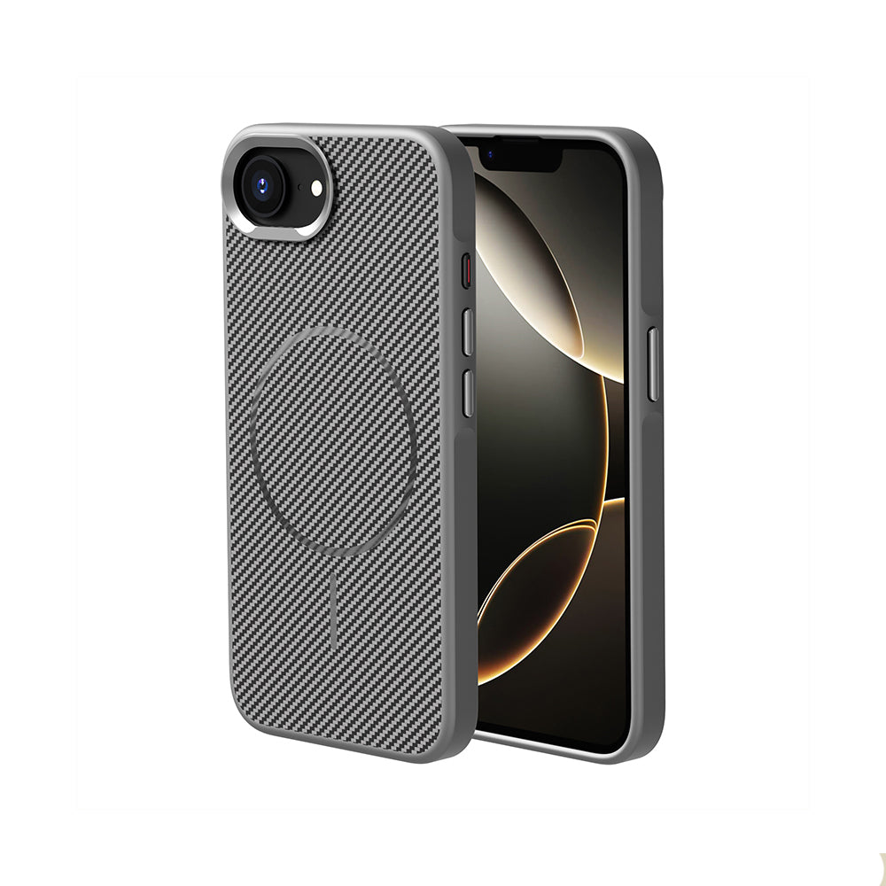 Apple iPhone 17E Kılıf M-safe Şarj Özellikli Karbon Fiber Görünümlü Troy Kapak Gri