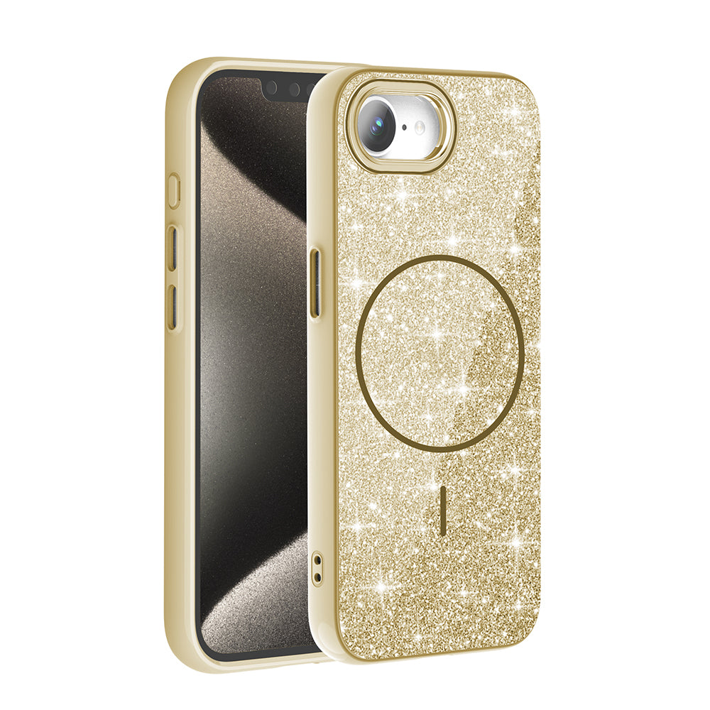 Apple iPhone 17E Kılıf M-safe Şarj Özellikli Parlayan Simli Okso Kapak Gold