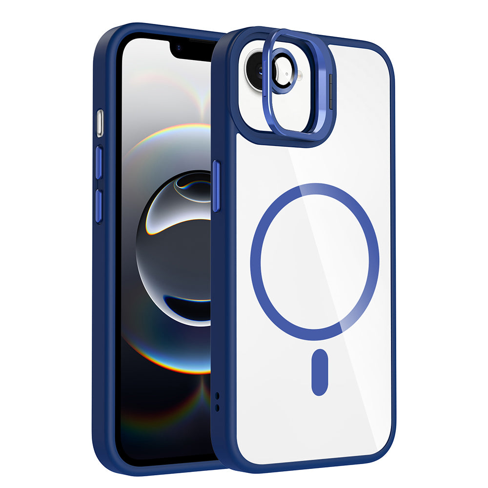 Apple iPhone 17E Kılıf Standlı ve Kamera Lens Hediyeli M-Safe Şarj Özellikli Etro Kapak Lacivert