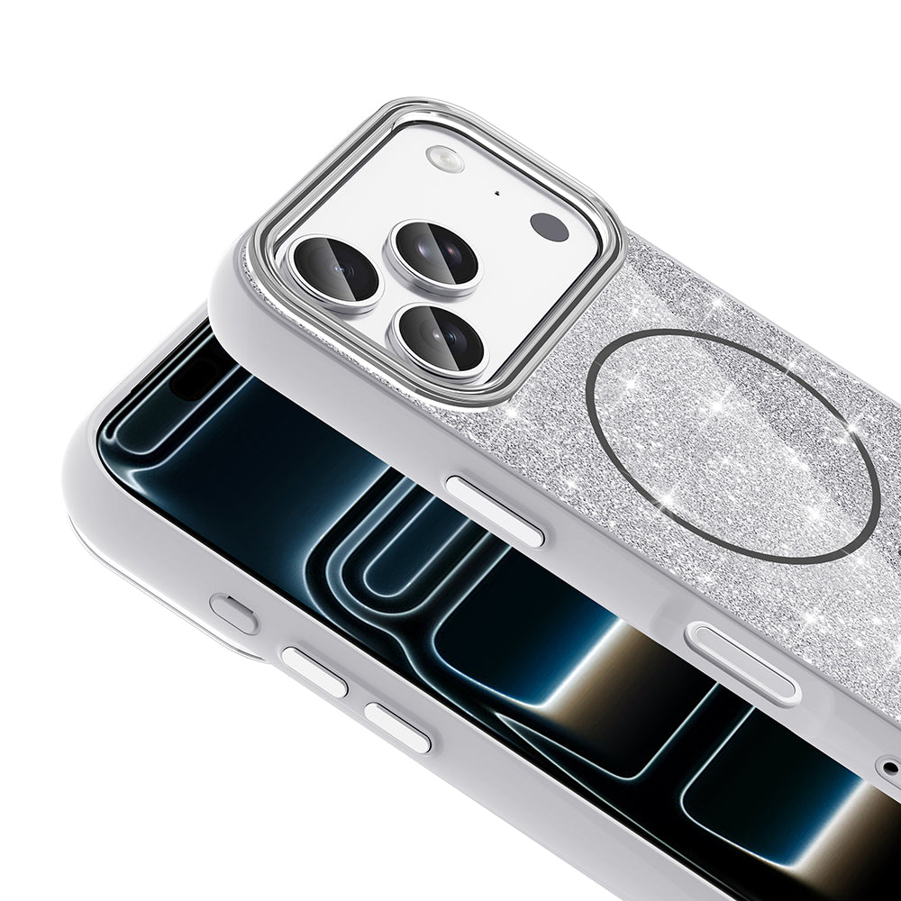 Apple iPhone 18 Pro Kılıf M-safe Şarj Özellikli Parlayan Simli Zore Okso Kapak Beyaz