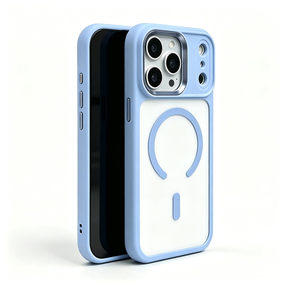 Apple iPhone 18 Pro Kılıf Wireless Şarj Özellikli Zore Krom M-safe Silikon Kapak Açık Mavi