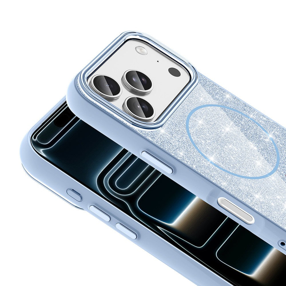 Apple iPhone 18 Pro Max Kılıf M-safe Şarj Özellikli Parlayan Simli Okso Kapak Açık Mavi